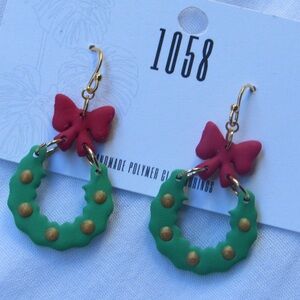 Handmade Festive Green and Red Wreath Earrings